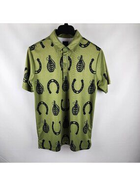 Ready Golf Shirt Mens Medium Green Black Grenade Horseshoe Golf Polo